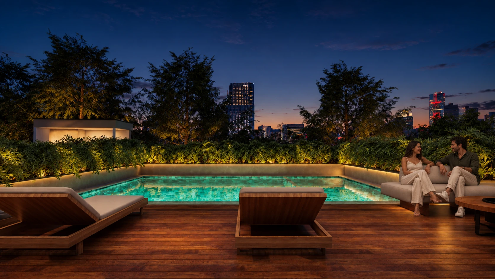 Cena ilustrativa com um casal junto à piscina do rooftop do NEXO.
