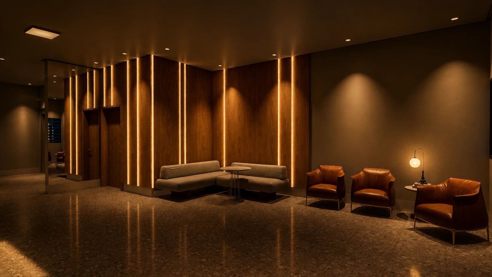 Lobby do NEXO com poltronas, banco e painéis iluminados.