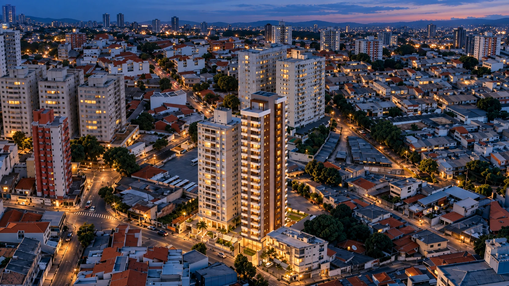 Perspectiva aérea do NEXO ao anoitecer, com a cidade iluminada.