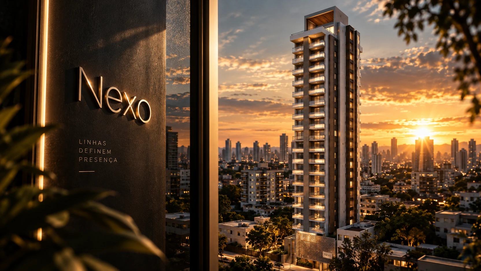 Composição ilustrativa do NEXO ao pôr do sol, capa do filme do empreendimento.